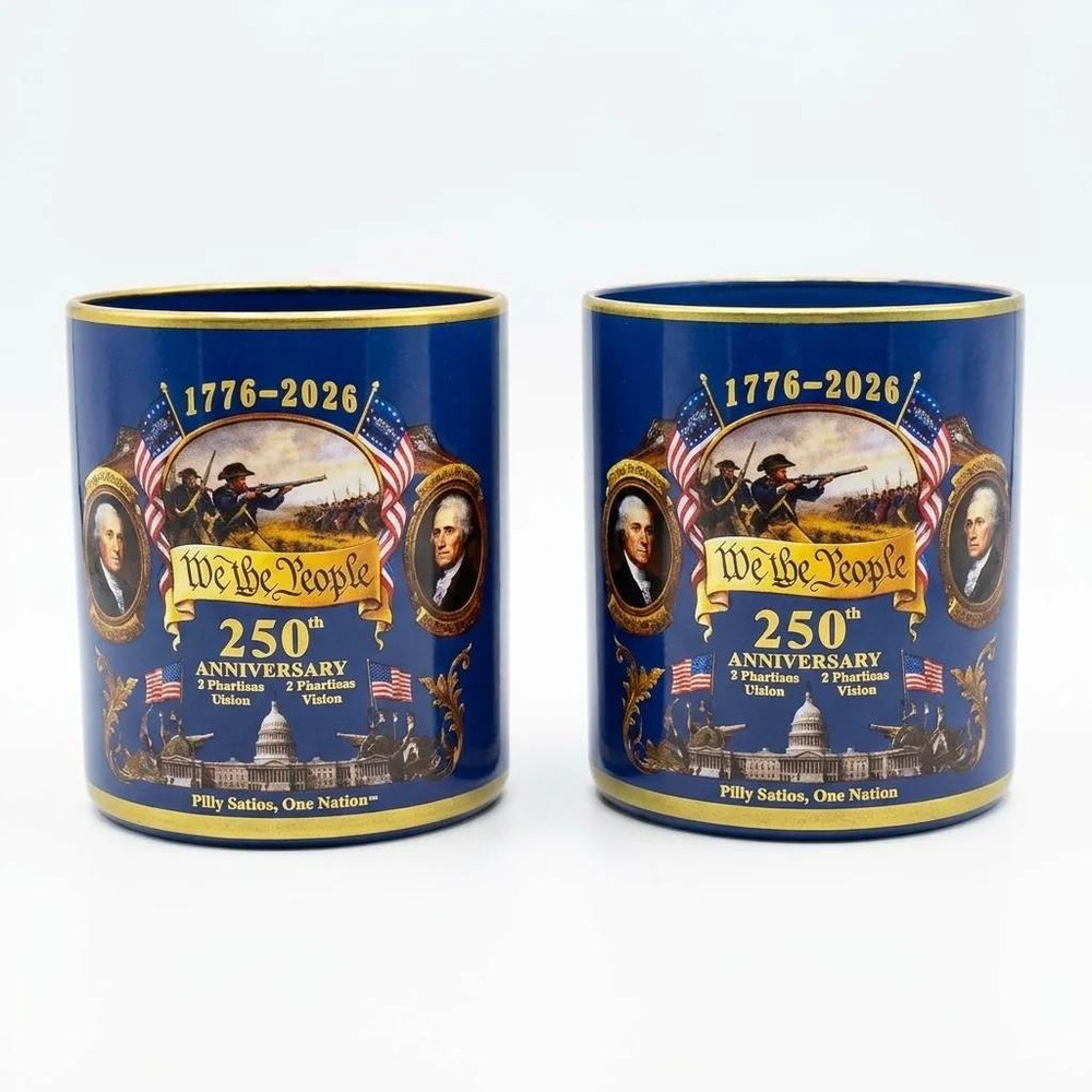 We The People 1776-2026 250th Anniversary Lowball Glasses Blue Gold Set
